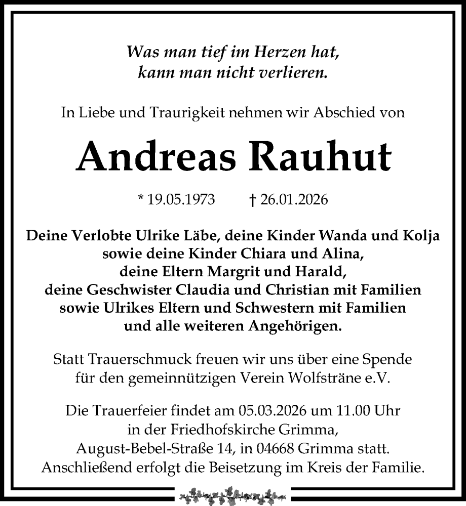  Traueranzeige für Andreas Rauhut vom 14.02.2026 aus Leipziger Volkszeitung