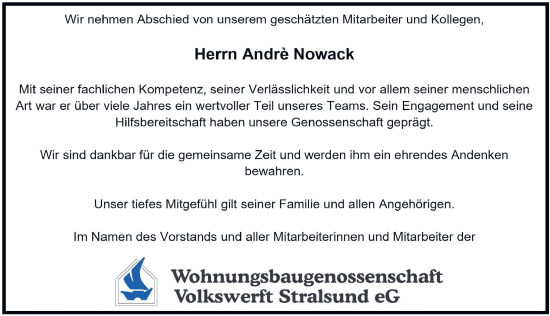 Traueranzeige von André Nowack von Ostsee-Zeitung GmbH