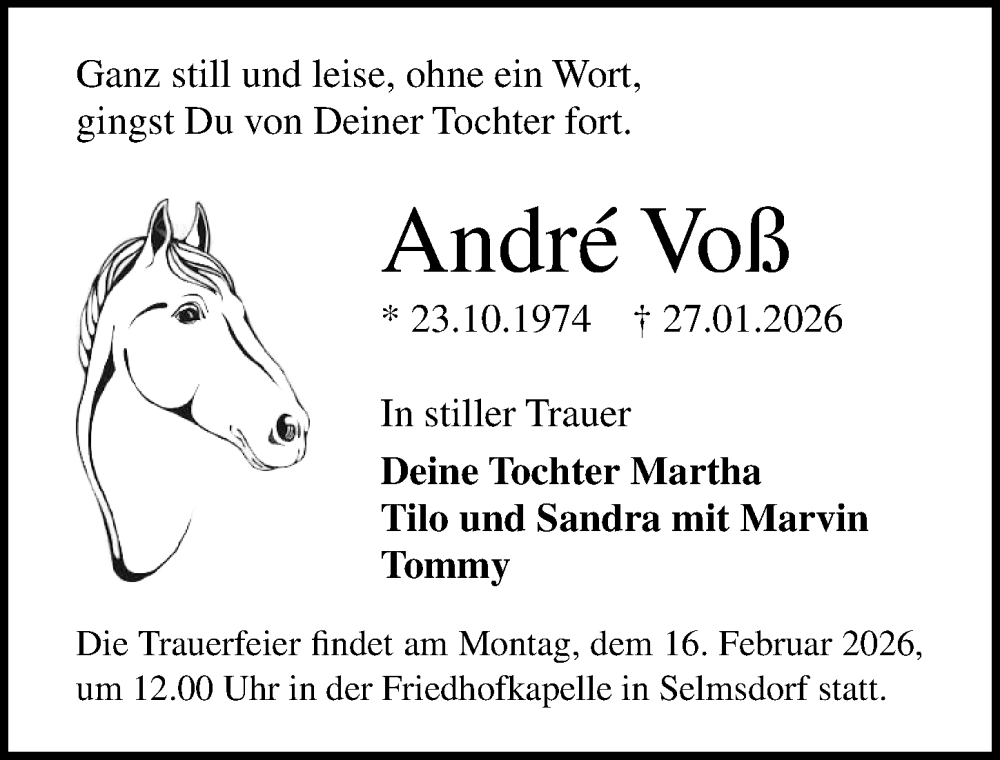  Traueranzeige für André Voß vom 07.02.2026 aus Ostsee-Zeitung GmbH