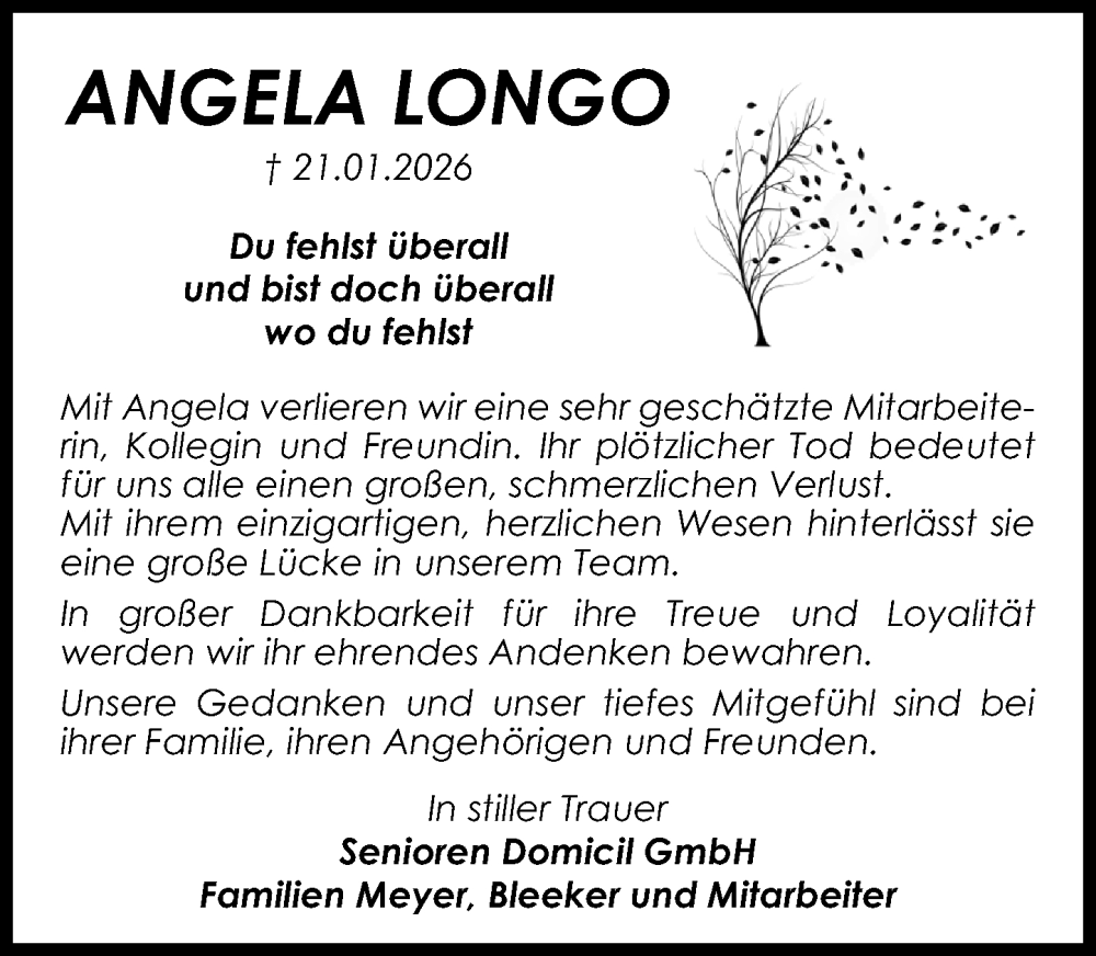  Traueranzeige für Angela Longo vom 14.02.2026 aus Schaumburger Nachrichten und Schaumburger Zeitung/ Landes-Zeitung