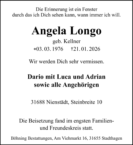Traueranzeige von Angela Longo von Schaumburger Nachrichten