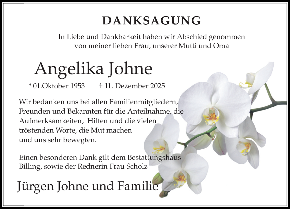  Traueranzeige für Angelika Johne vom 14.02.2026 aus Sächsische Zeitung