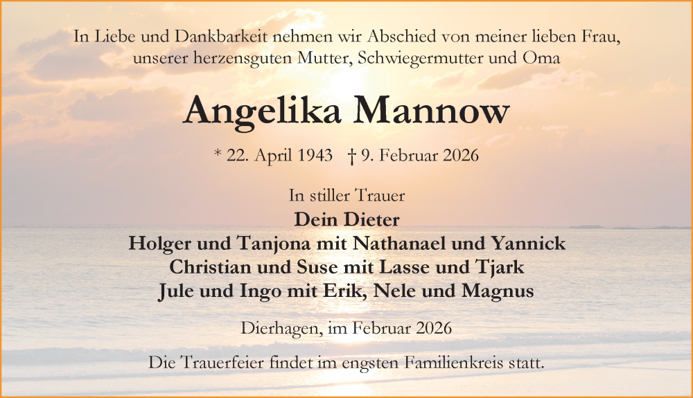  Traueranzeige für Angelika Mannow vom 14.02.2026 aus Ostsee-Zeitung GmbH