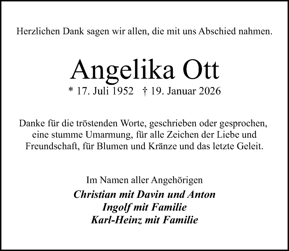  Traueranzeige für Angelika Ott vom 21.02.2026 aus Wochenspiegel