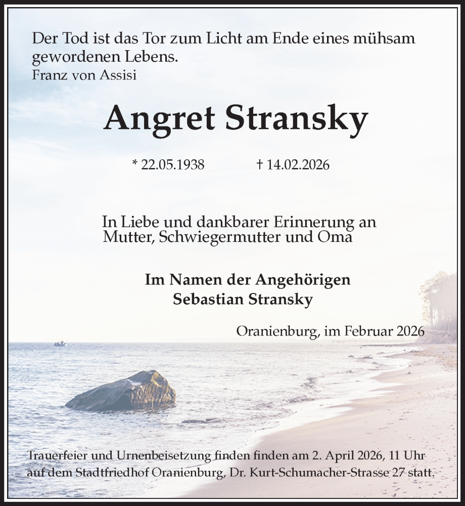  Traueranzeige für Angret Stransky vom 21.02.2026 aus Märkischen Allgemeine Zeitung