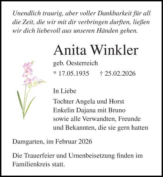 Traueranzeige von Anita Winkler von Ostsee-Zeitung GmbH