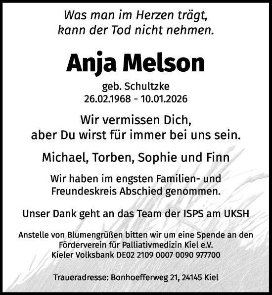 Traueranzeige von Anja Melson von Kieler Nachrichten
