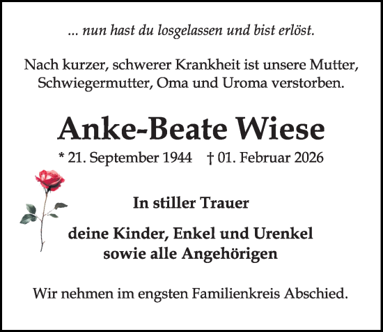 Traueranzeige von Anke-Beate Wiese von Kieler Nachrichten