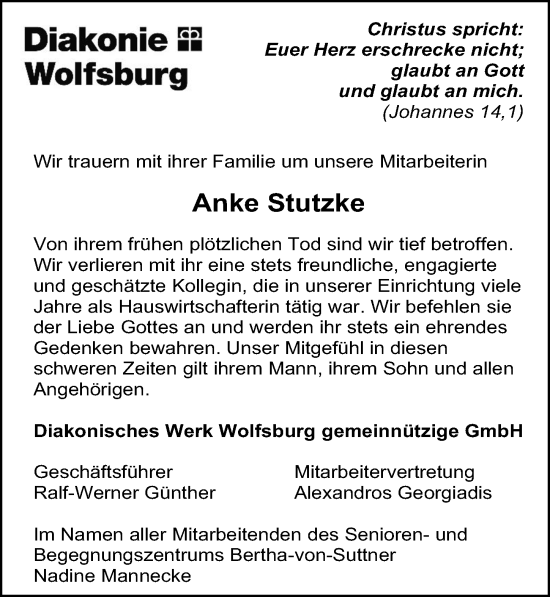 Traueranzeige von Anke Stutzke von Aller Zeitung