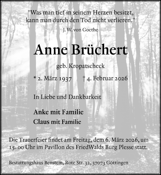 Traueranzeige von Anne Brüchert von Göttinger Tageblatt