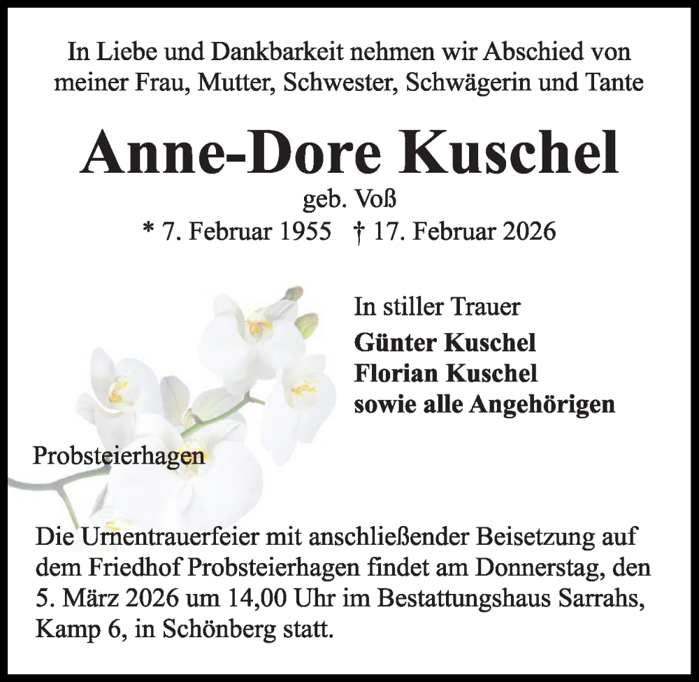  Traueranzeige für Anne-Dore Kuschel vom 27.02.2026 aus Kieler Nachrichten