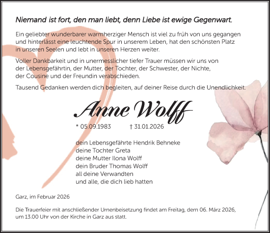Traueranzeige von Anne Wolff von Ostsee-Zeitung GmbH