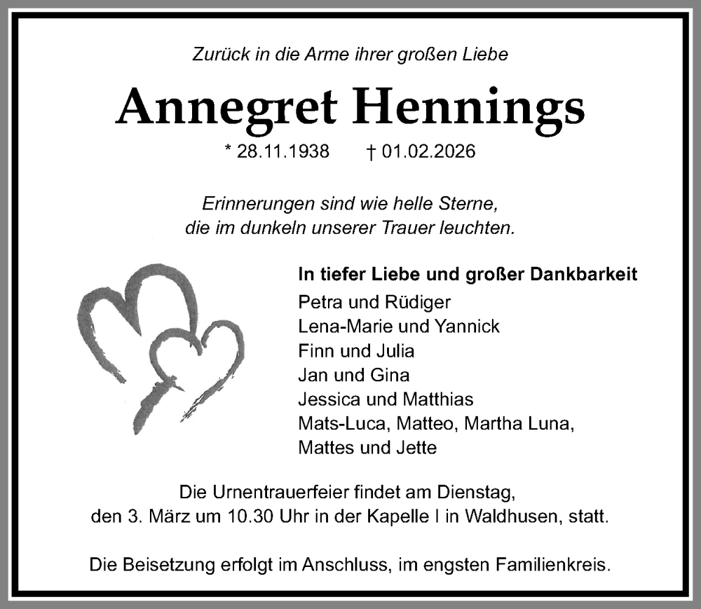  Traueranzeige für Annegret Hennings vom 22.02.2026 aus Lübecker Nachrichten