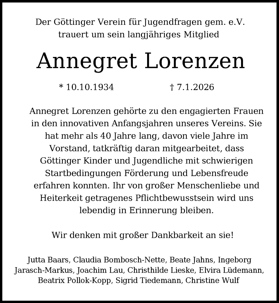  Traueranzeige für Annegret Lorenzen vom 14.02.2026 aus Göttinger Tageblatt