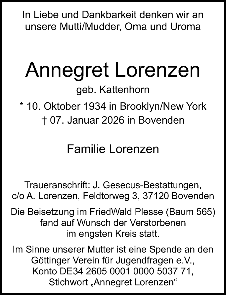  Traueranzeige für Annegret Lorenzen vom 14.02.2026 aus Göttinger Tageblatt