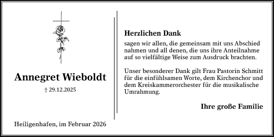 Traueranzeige von Annegret Wieboldt von Lübecker Nachrichten