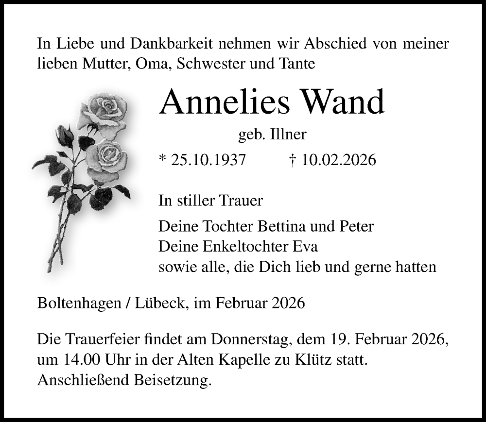  Traueranzeige für Annelies Wand vom 14.02.2026 aus Ostsee-Zeitung GmbH