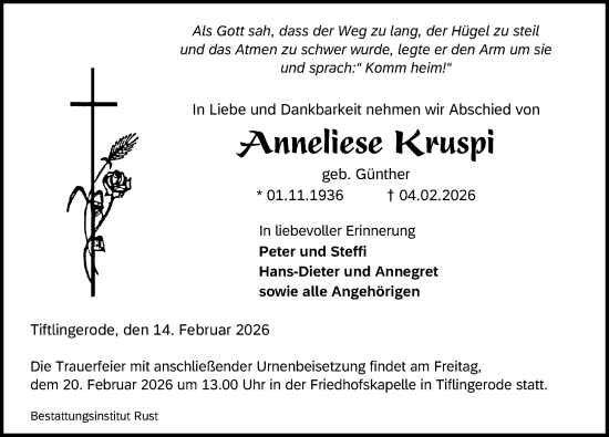 Traueranzeige von Anneliese Kruspi von Eichsfelder Tageblatt