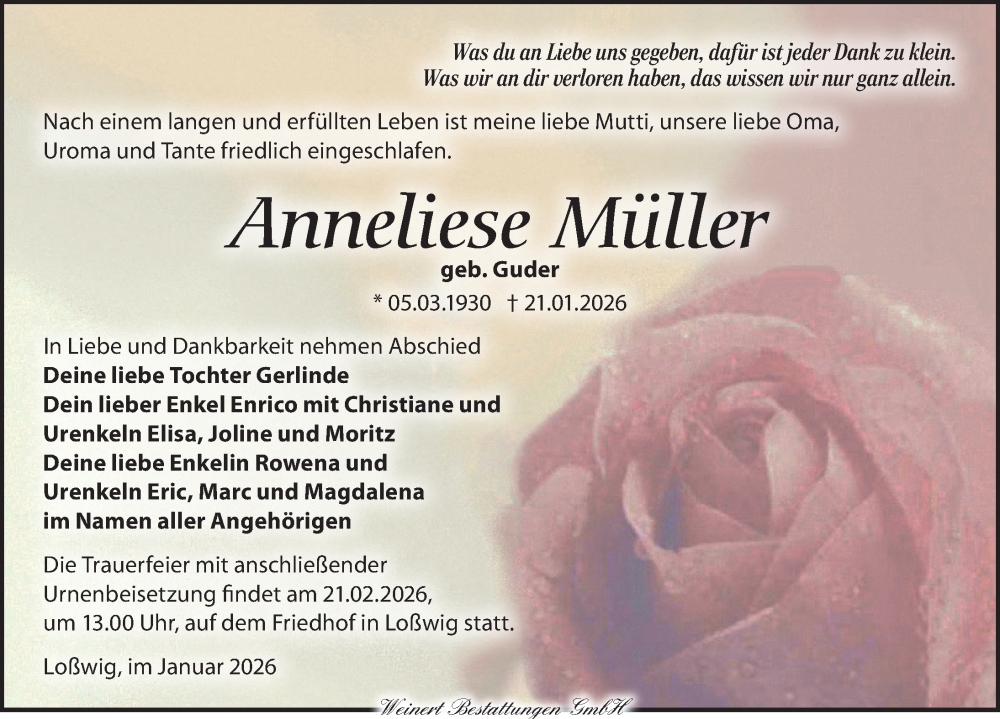  Traueranzeige für Anneliese Müller vom 07.02.2026 aus Torgauer Zeitung