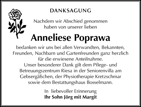Traueranzeige von Anneliese Poprawa von Sächsische Zeitung