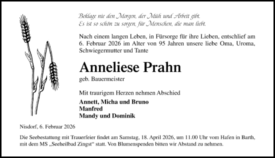Traueranzeige von Anneliese Prahn von Ostsee-Zeitung GmbH