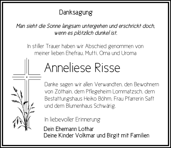 Traueranzeige von Anneliese Risse von Sächsische Zeitung