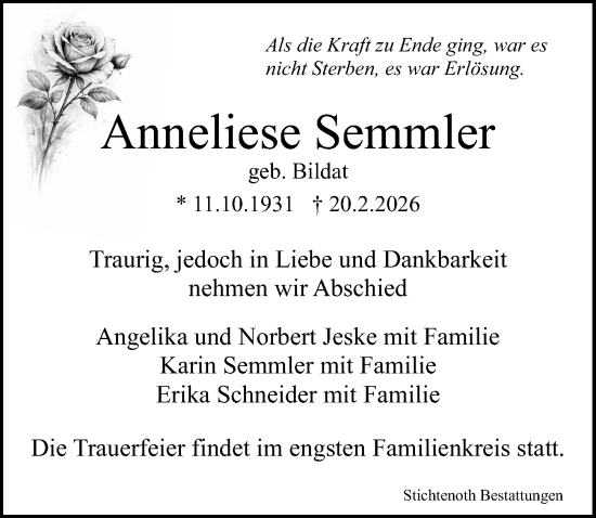 Traueranzeige von Anneliese Semmler von Göttinger Tageblatt