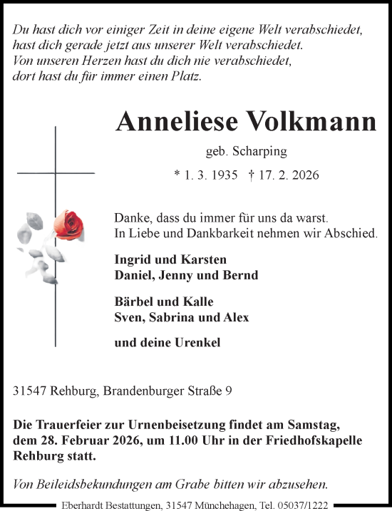 Traueranzeige von Anneliese Volkmann von Die Harke