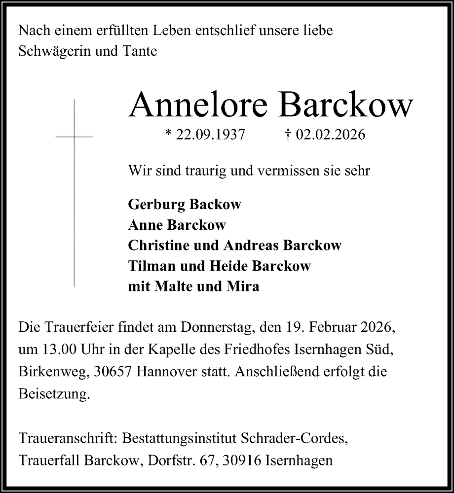  Traueranzeige für Annelore Barckow vom 07.02.2026 aus Hannoversche Allgemeine Zeitung/Neue Presse