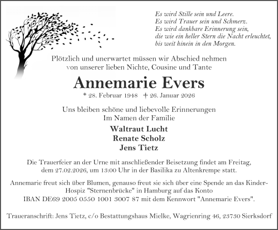 Traueranzeige von Annemarie Evers von Lübecker Nachrichten