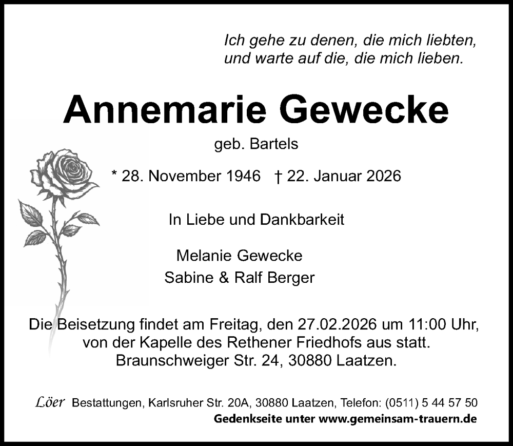  Traueranzeige für Annemarie Gewecke vom 21.02.2026 aus Hannoversche Allgemeine Zeitung/Neue Presse
