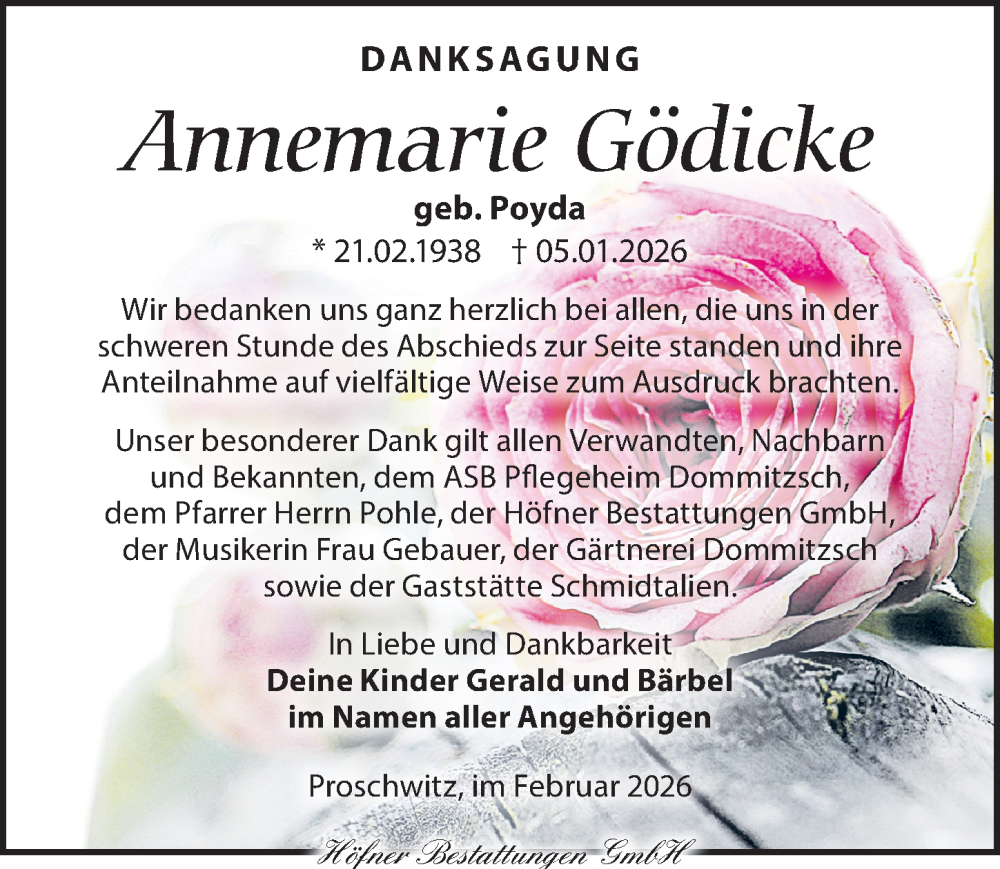  Traueranzeige für Annemarie Gödicke vom 07.02.2026 aus Torgauer Zeitung