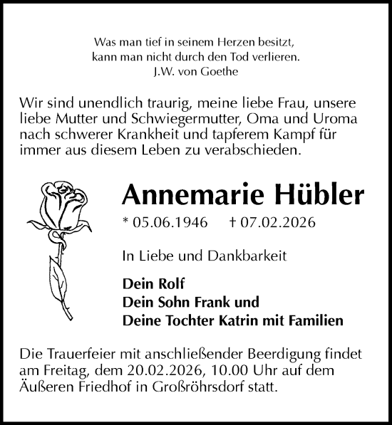 Traueranzeige von Annemarie Hübler von Sächsische Zeitung