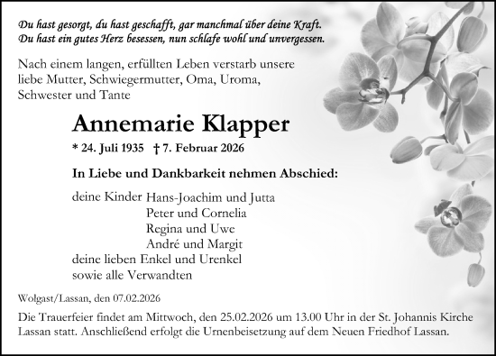 Traueranzeige von Annemarie Klapper von Ostsee-Zeitung GmbH