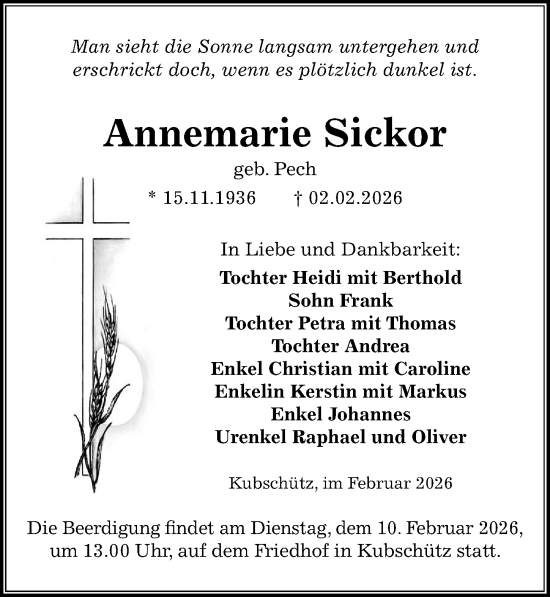 Traueranzeige von Annemarie Sickor von Sächsische Zeitung