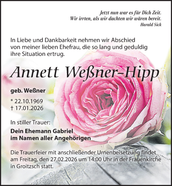 Traueranzeige von Annett Weßner-Hipp von Leipziger Volkszeitung