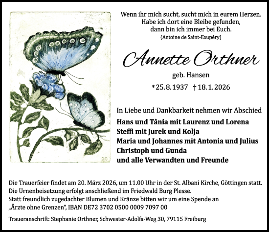 Traueranzeige von Annette Orthner von Göttinger Tageblatt