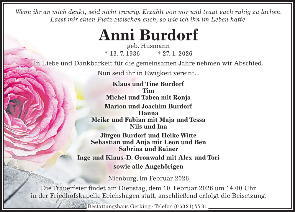  Traueranzeige für Anni Burdorf vom 07.02.2026 aus Die Harke
