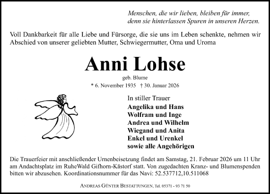 Traueranzeige von Anni Lohse von Aller Zeitung
