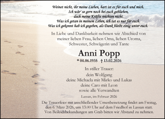 Traueranzeige von Anni Popp von Ostsee-Zeitung GmbH
