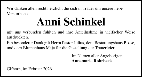 Traueranzeige von Anni Schinkel von Aller Zeitung