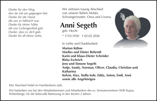 Traueranzeige von Anni Segeth von Wochenspiegel