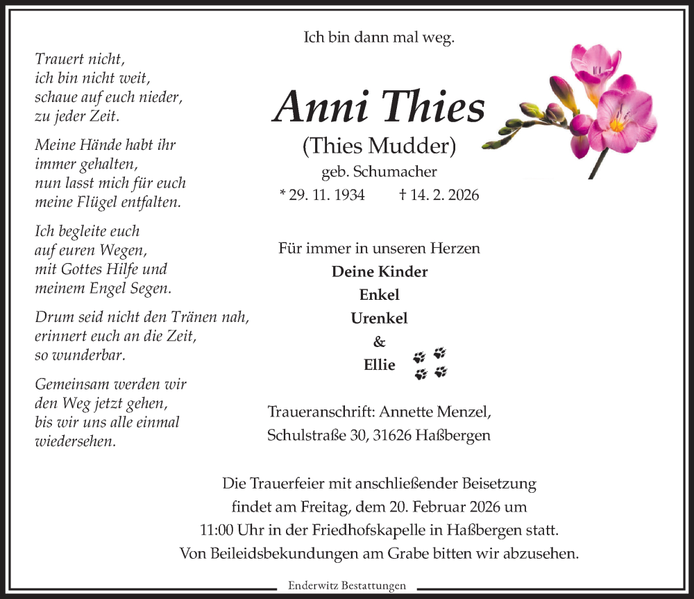  Traueranzeige für Anni Thies vom 19.02.2026 aus Die Harke