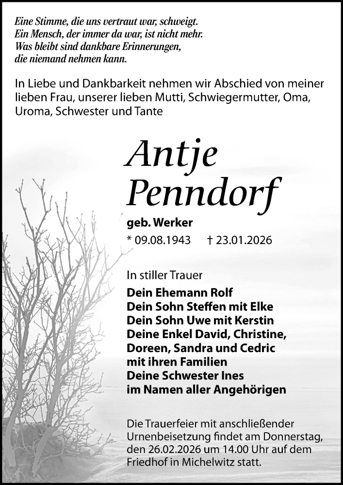  Traueranzeige für Antje Penndorf vom 14.02.2026 aus Leipziger Volkszeitung