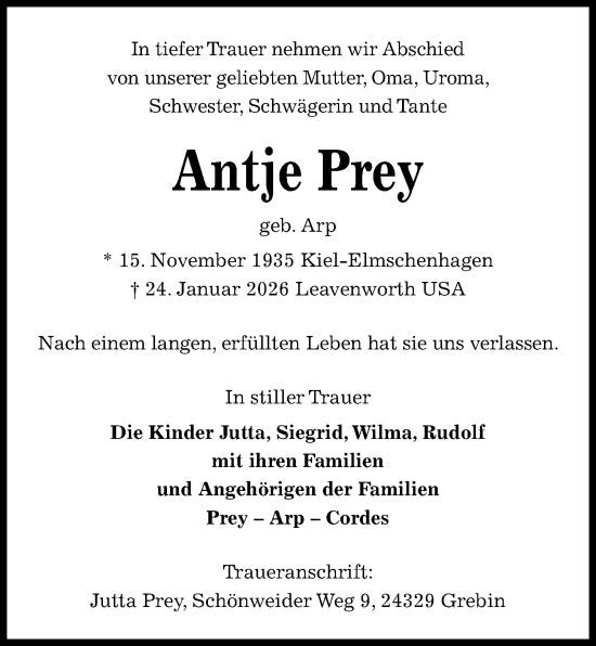 Traueranzeige von Antje Prey von Kieler Nachrichten