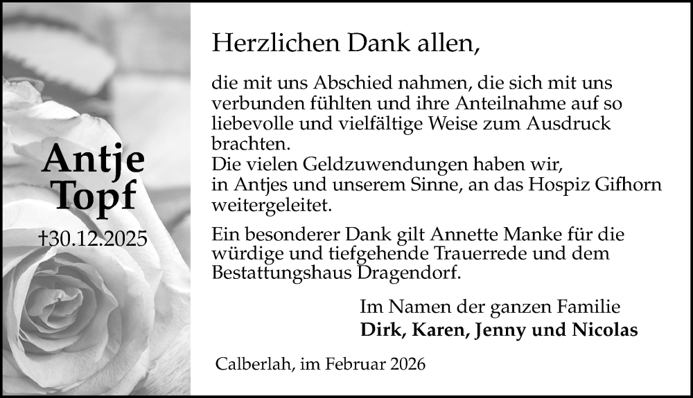  Traueranzeige für Antje Topf vom 07.02.2026 aus Aller Zeitung