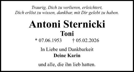 Traueranzeige von Antoni Sternicki von Lübecker Nachrichten