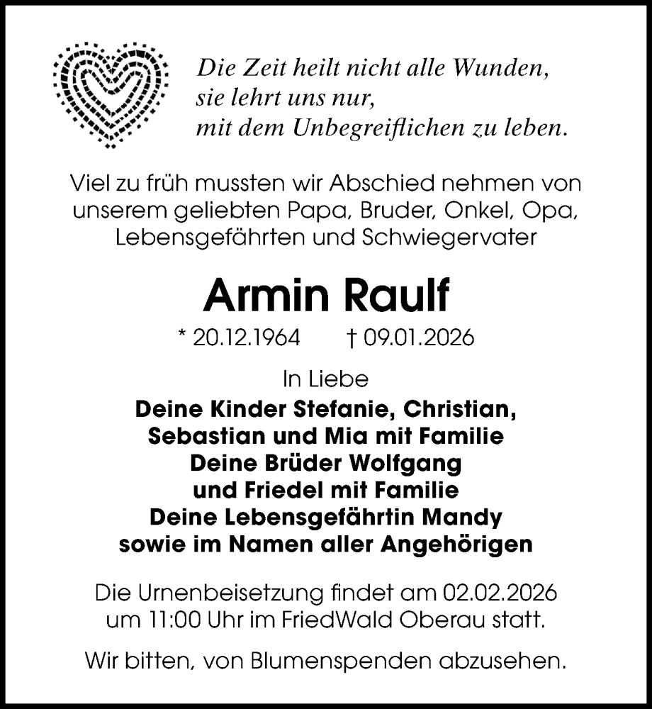  Traueranzeige für Armin Raulf vom 24.01.2026 aus Sächsische Zeitung