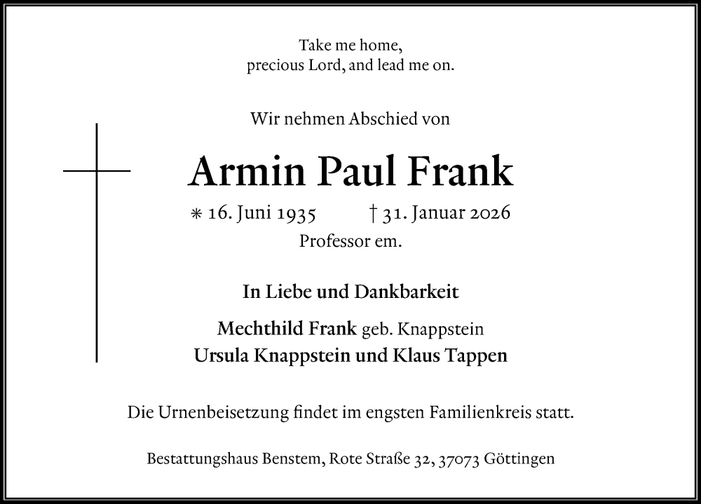  Traueranzeige für Armin Paul Frank vom 14.02.2026 aus Göttinger Tageblatt
