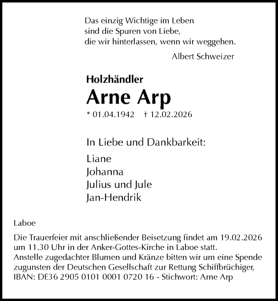 Traueranzeige von Arne Arp von Kieler Nachrichten